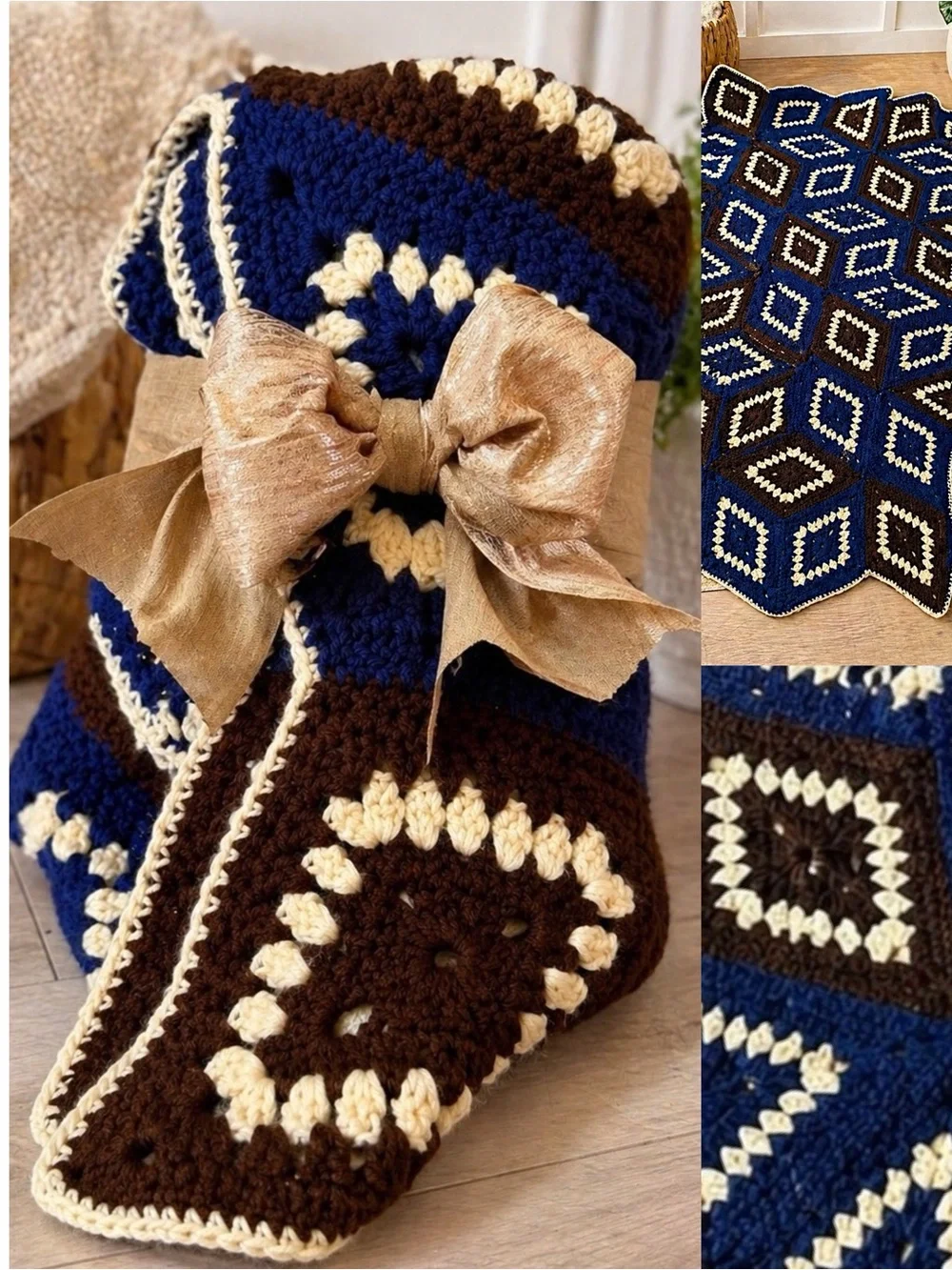 Vintage Handmade Granny Crochet Blanket 75” Long Blue, Brown & Cream